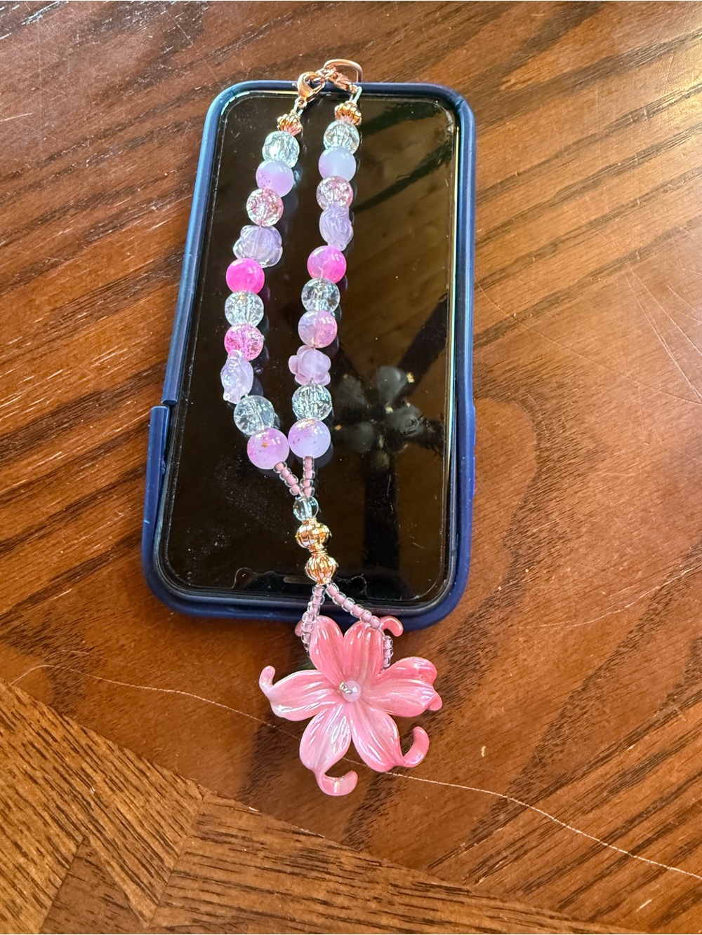 Pink Floral Beaded Phone Charmwith Statement Flower Pendant